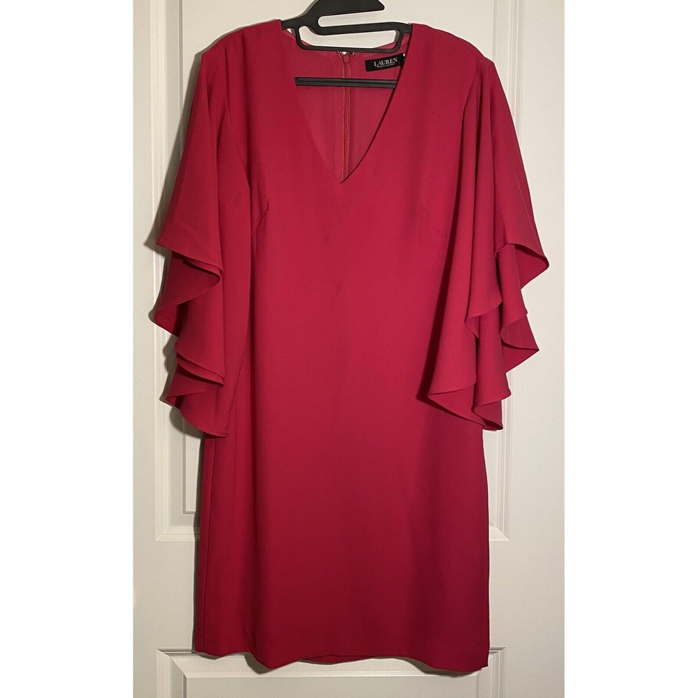 Lauren Ralph Lauren Red Dress V Neck Tiered Flutter Sleeve Party Cocktail